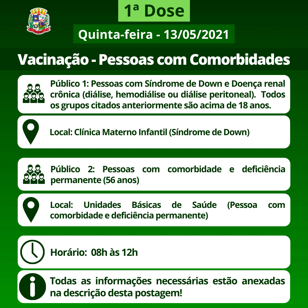 Cronograma de Vacinação contra Covid-19 (Comorbidades) - Quinta-feira - 13/05/2021